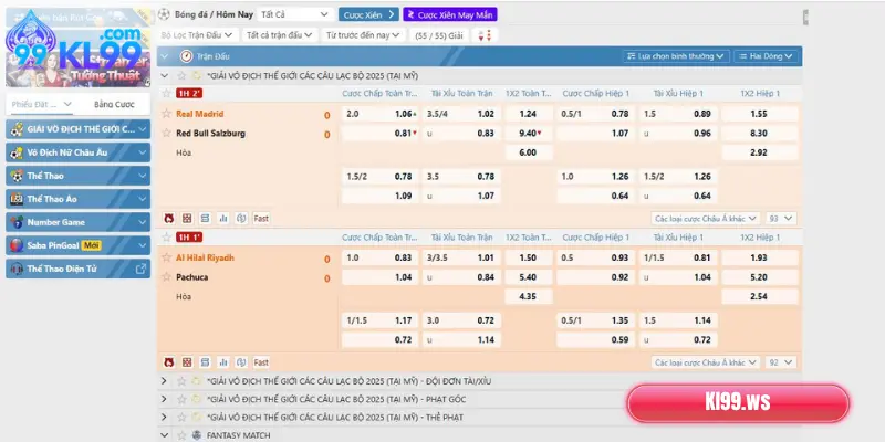 Khám Phá Thể Thao KL99: Sân Chơi Cá Cược Đỉnh Cao 2025 2 Các hạng mục cá cược thể thao hot nhất tại KL99