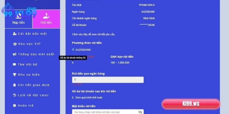 Hướng dẫn rút tiền KL99 về tài khoản siêu nhanh